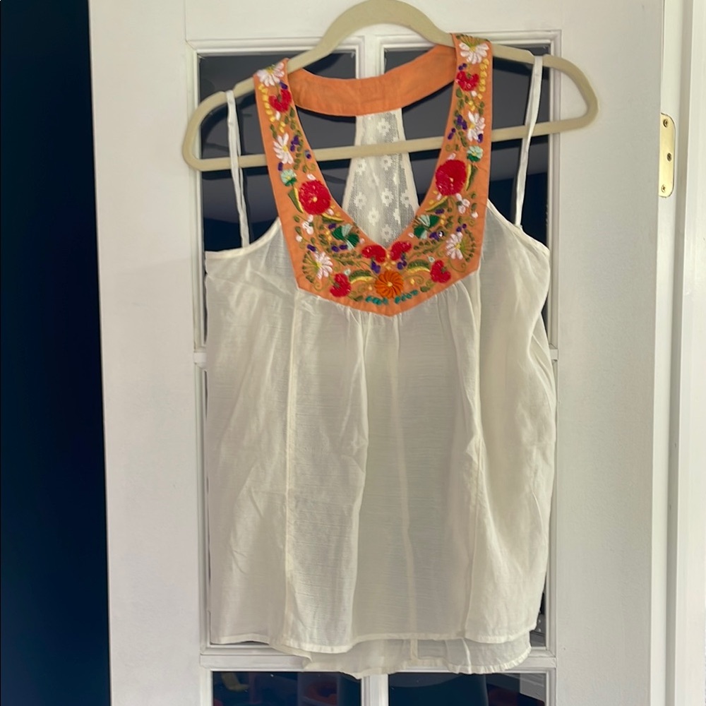 Anthropologie Cream and Orange Embellished Sleeveless Blouse